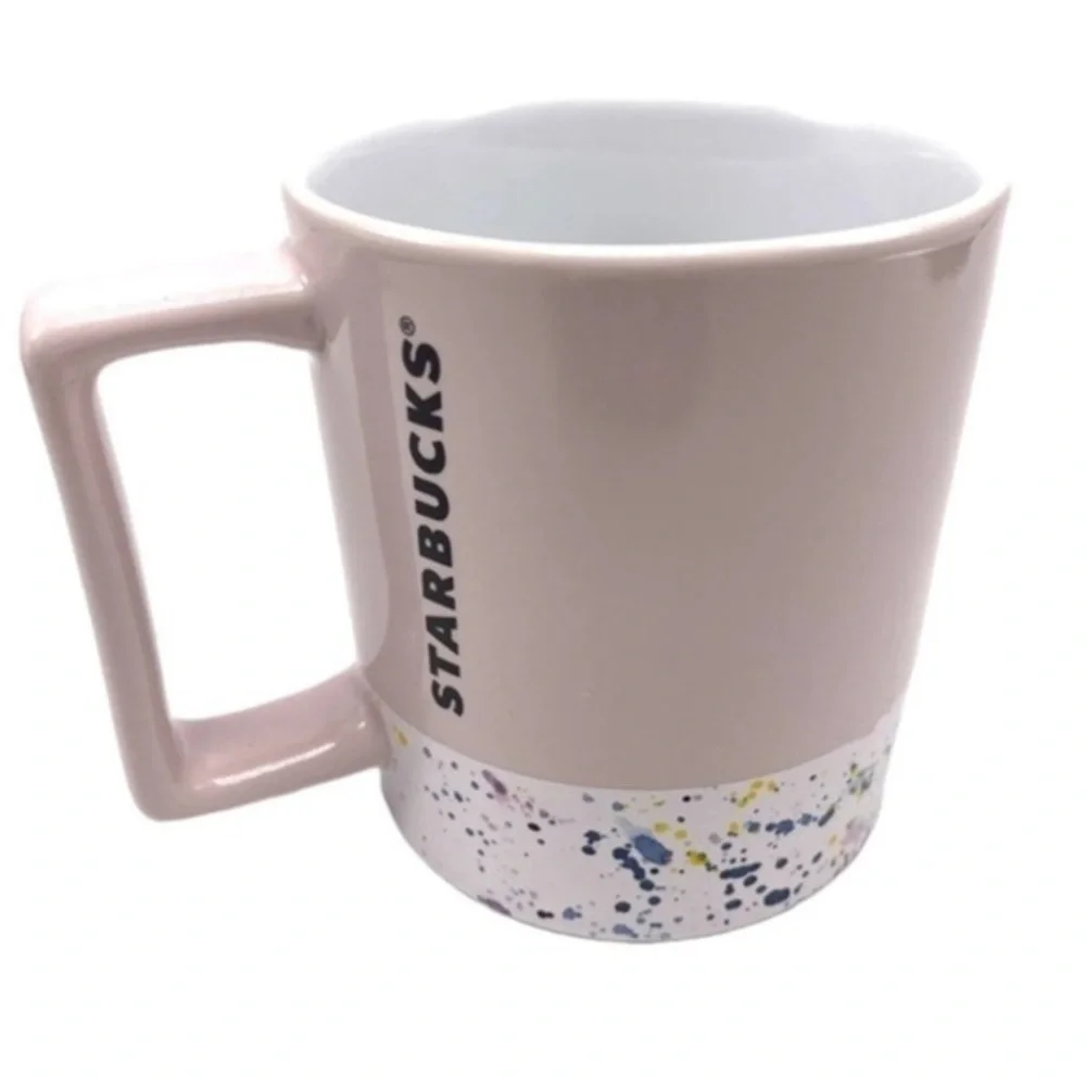STARBUCKS 2017 PAINT SPLATTER PINK SQUARE HANDLE CERAMIC MUG